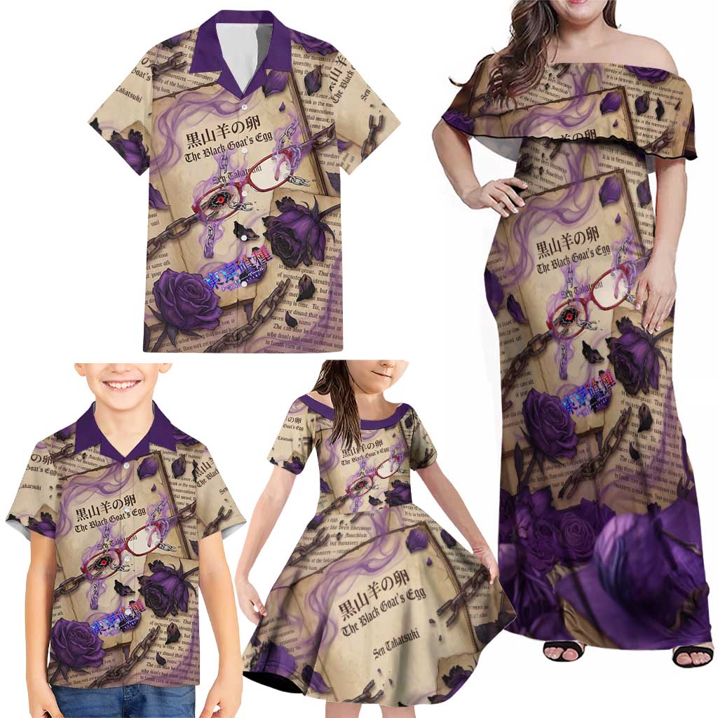 Rize Kamishiro Tokyo Ghoul Family Matching Off Shoulder Maxi Dress and Hawaiian Shirt Gothic Collage Style with Newspaper and Purple Rose Motif