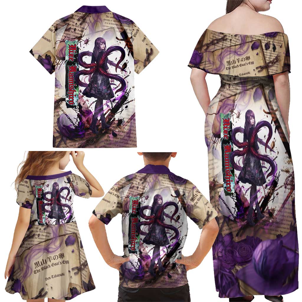 Rize Kamishiro Tokyo Ghoul Family Matching Off Shoulder Maxi Dress and Hawaiian Shirt Gothic Collage Style with Newspaper and Purple Rose Motif