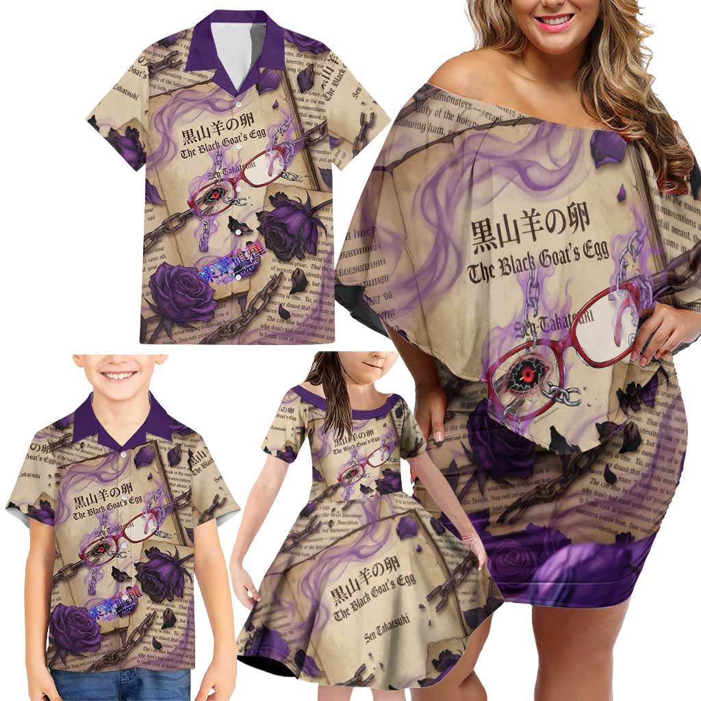 Rize Kamishiro Tokyo Ghoul Family Matching Off Shoulder Short Dress and Hawaiian Shirt Gothic Collage Style with Newspaper and Purple Rose Motif