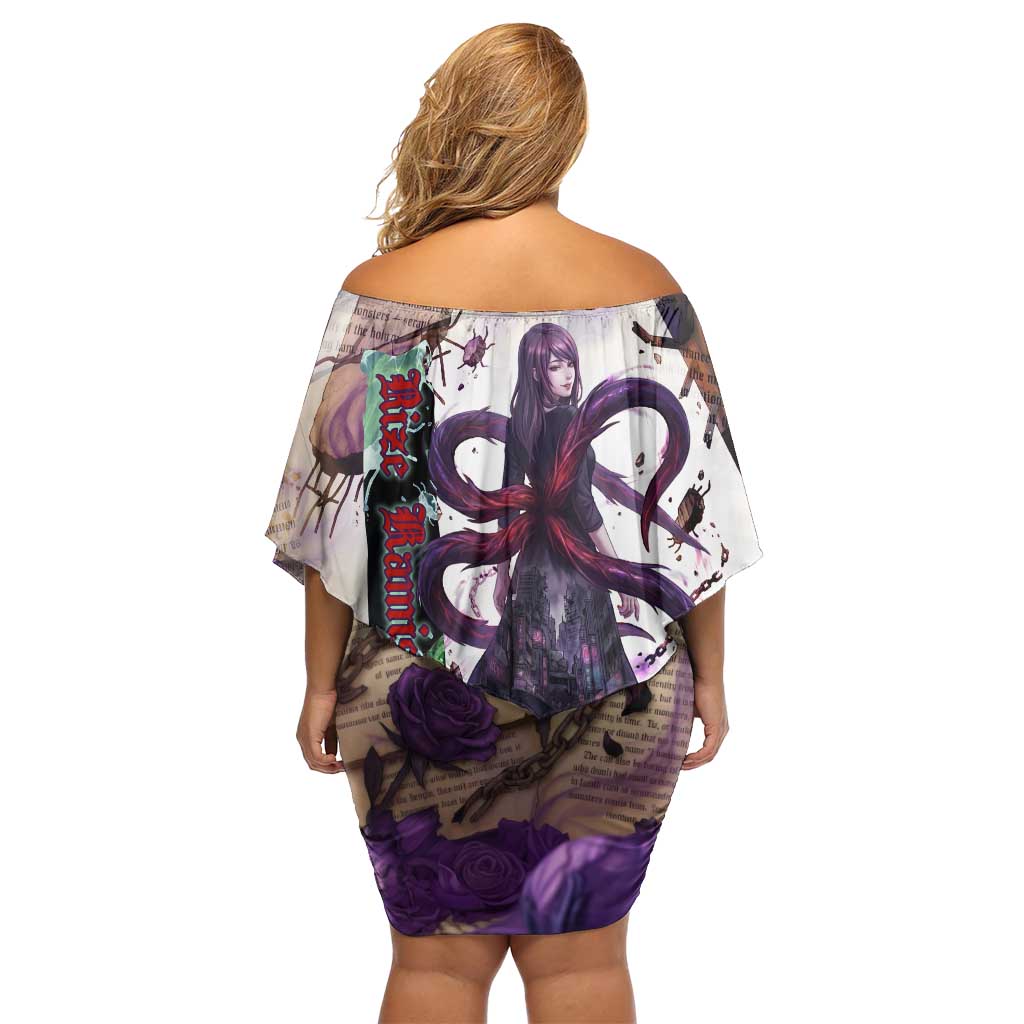 Rize Kamishiro Tokyo Ghoul Family Matching Off Shoulder Short Dress and Hawaiian Shirt Gothic Collage Style with Newspaper and Purple Rose Motif