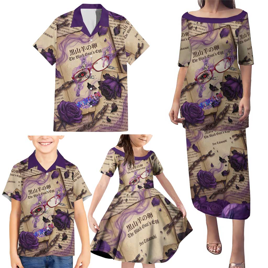 Rize Kamishiro Tokyo Ghoul Family Matching Puletasi and Hawaiian Shirt Gothic Collage Style with Newspaper and Purple Rose Motif