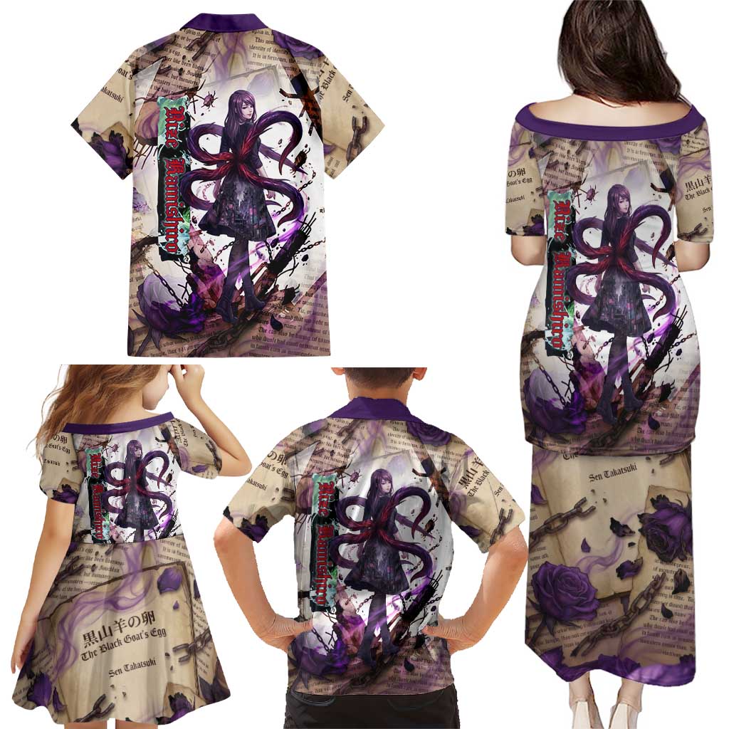 Rize Kamishiro Tokyo Ghoul Family Matching Puletasi and Hawaiian Shirt Gothic Collage Style with Newspaper and Purple Rose Motif