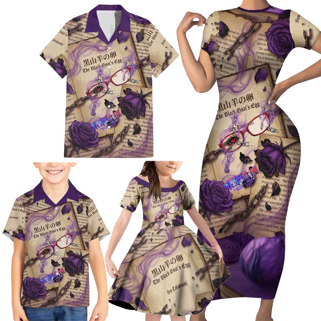 Rize Kamishiro Tokyo Ghoul Family Matching Short Sleeve Bodycon Dress and Hawaiian Shirt Gothic Collage Style with Newspaper and Purple Rose Motif