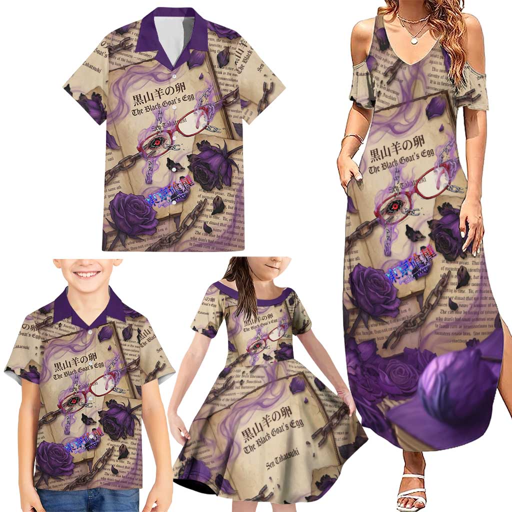 Rize Kamishiro Tokyo Ghoul Family Matching Summer Maxi Dress and Hawaiian Shirt Gothic Collage Style with Newspaper and Purple Rose Motif