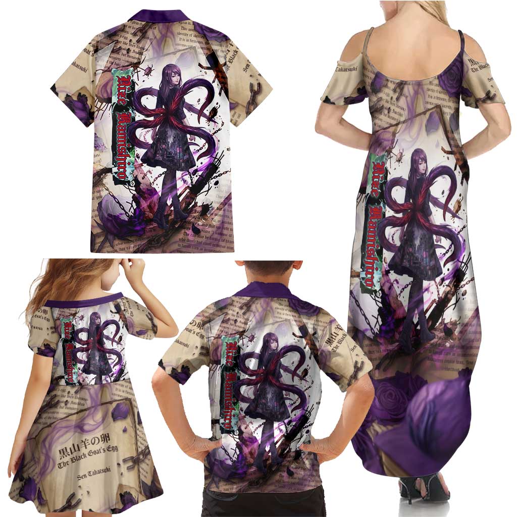 Rize Kamishiro Tokyo Ghoul Family Matching Summer Maxi Dress and Hawaiian Shirt Gothic Collage Style with Newspaper and Purple Rose Motif