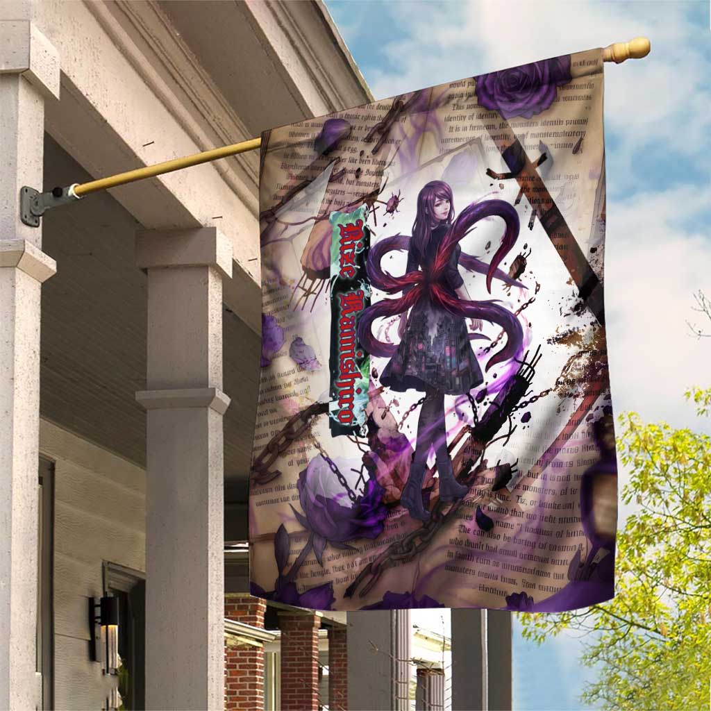 Rize Kamishiro Tokyo Ghoul Garden Flag Gothic Collage Style with Newspaper and Purple Rose Motif