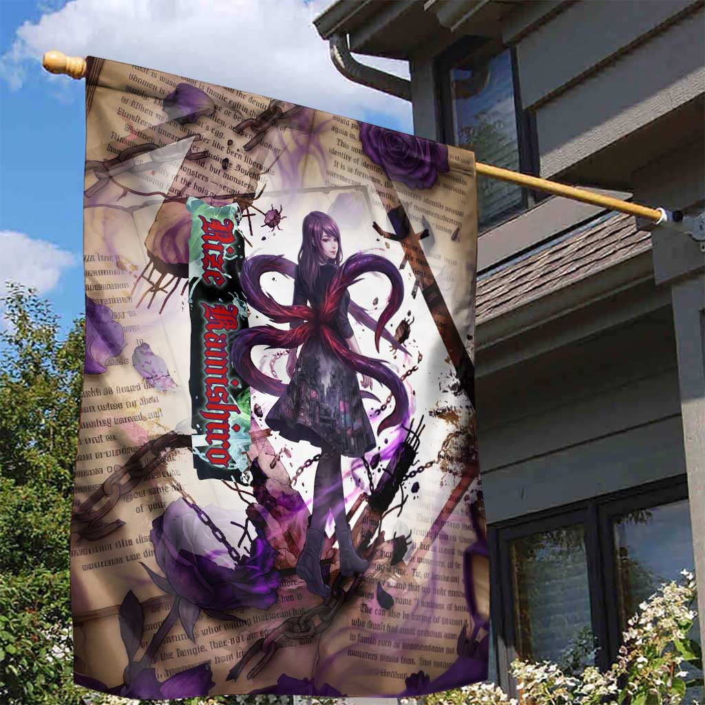 Rize Kamishiro Tokyo Ghoul Garden Flag Gothic Collage Style with Newspaper and Purple Rose Motif