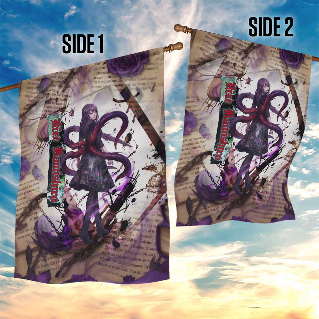 Rize Kamishiro Tokyo Ghoul Garden Flag Gothic Collage Style with Newspaper and Purple Rose Motif