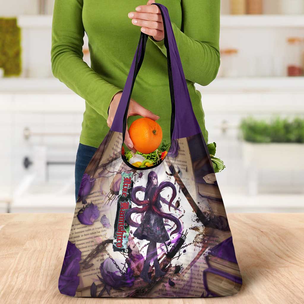 Rize Kamishiro Tokyo Ghoul Grocery Bag Gothic Collage Style with Newspaper and Purple Rose Motif