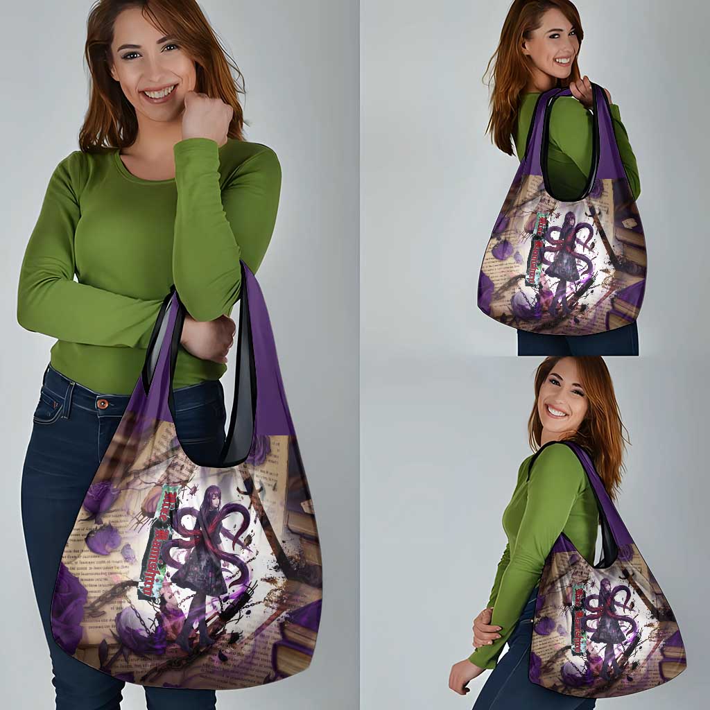 Rize Kamishiro Tokyo Ghoul Grocery Bag Gothic Collage Style with Newspaper and Purple Rose Motif