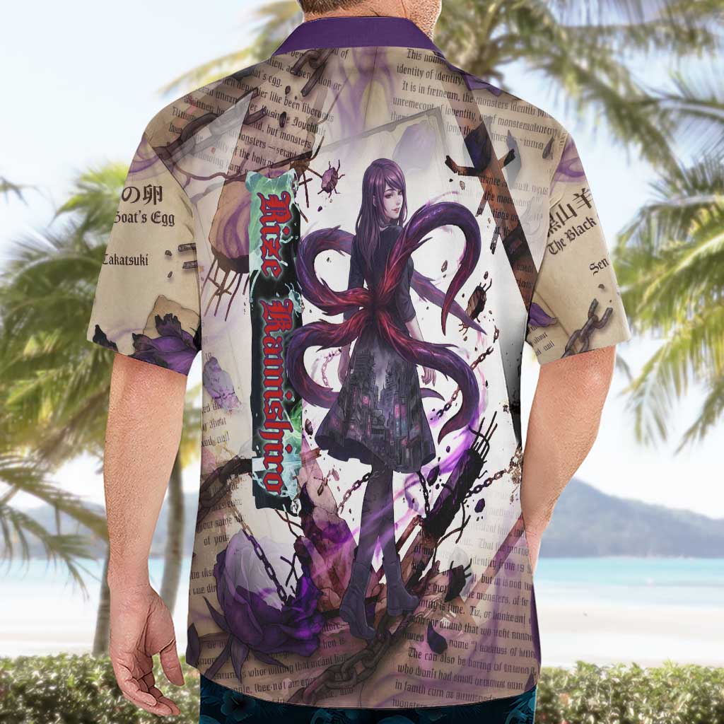 Rize Kamishiro Tokyo Ghoul Hawaiian Shirt Gothic Collage Style with Newspaper and Purple Rose Motif
