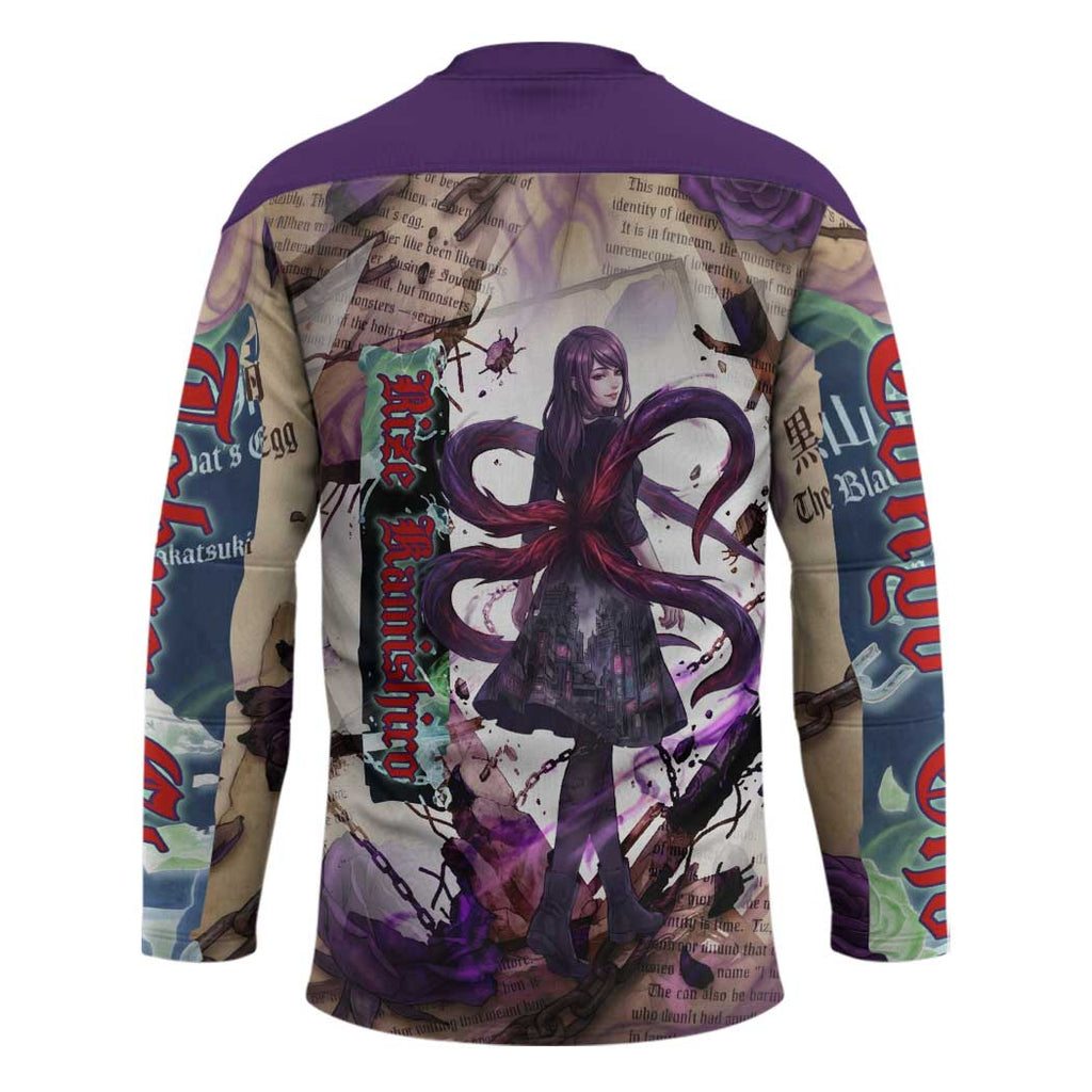 Rize Kamishiro Tokyo Ghoul Hockey Jersey Gothic Collage Style with Newspaper and Purple Rose Motif
