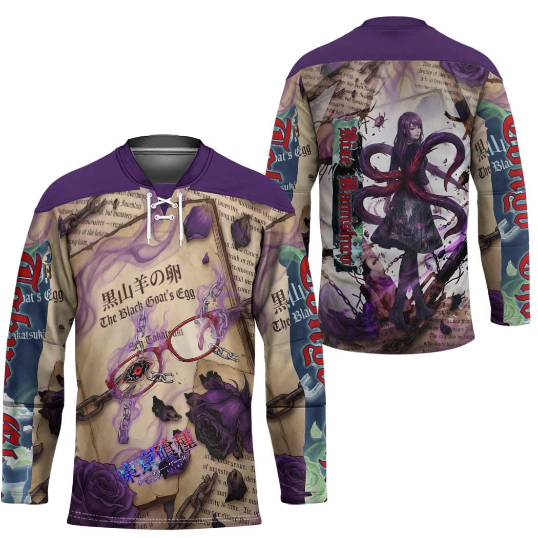 Rize Kamishiro Tokyo Ghoul Hockey Jersey Gothic Collage Style with Newspaper and Purple Rose Motif
