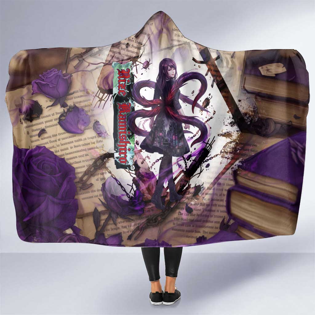 Rize Kamishiro Tokyo Ghoul Hooded Blanket Gothic Collage Style with Newspaper and Purple Rose Motif