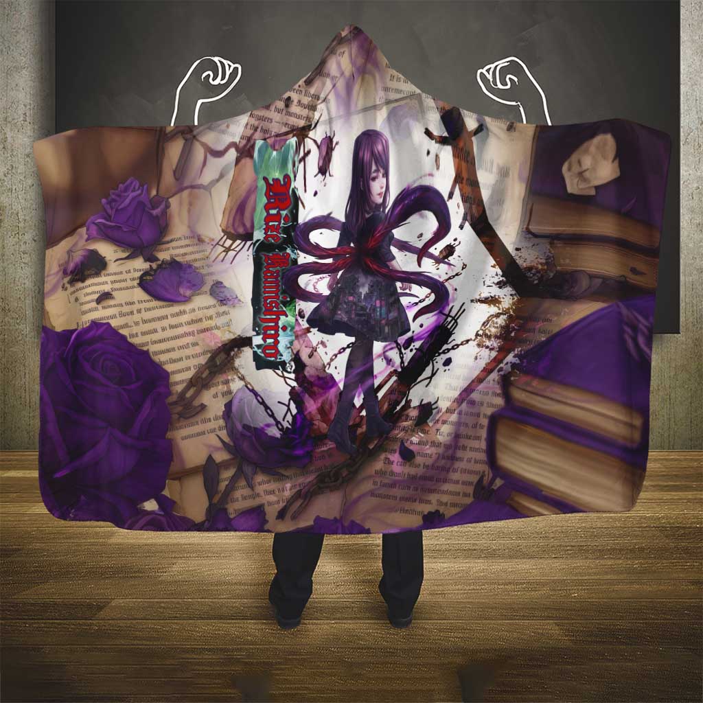 Rize Kamishiro Tokyo Ghoul Hooded Blanket Gothic Collage Style with Newspaper and Purple Rose Motif