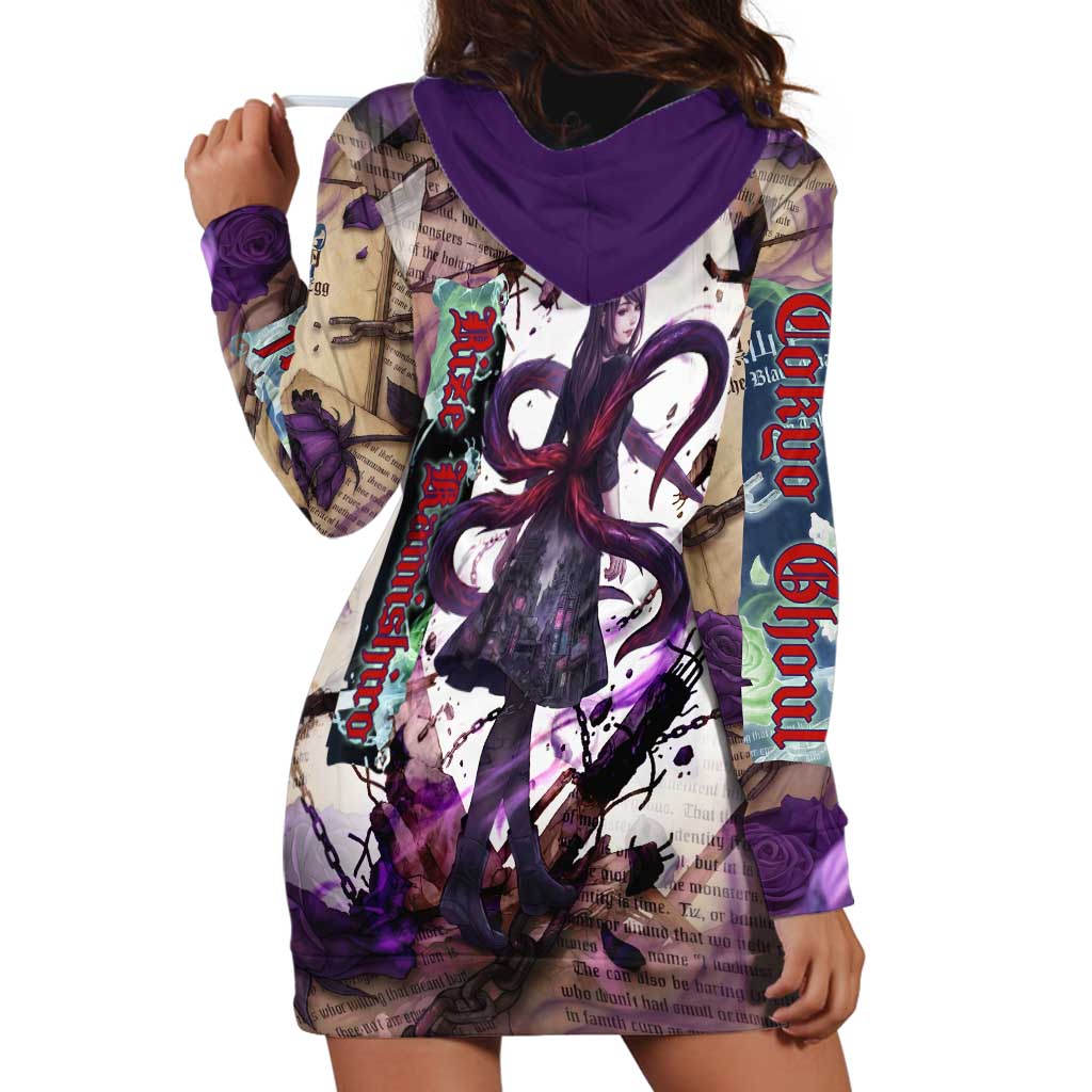 Rize Kamishiro Tokyo Ghoul Hoodie Dress Gothic Collage Style with Newspaper and Purple Rose Motif