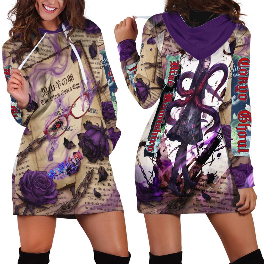 Rize Kamishiro Tokyo Ghoul Hoodie Dress Gothic Collage Style with Newspaper and Purple Rose Motif