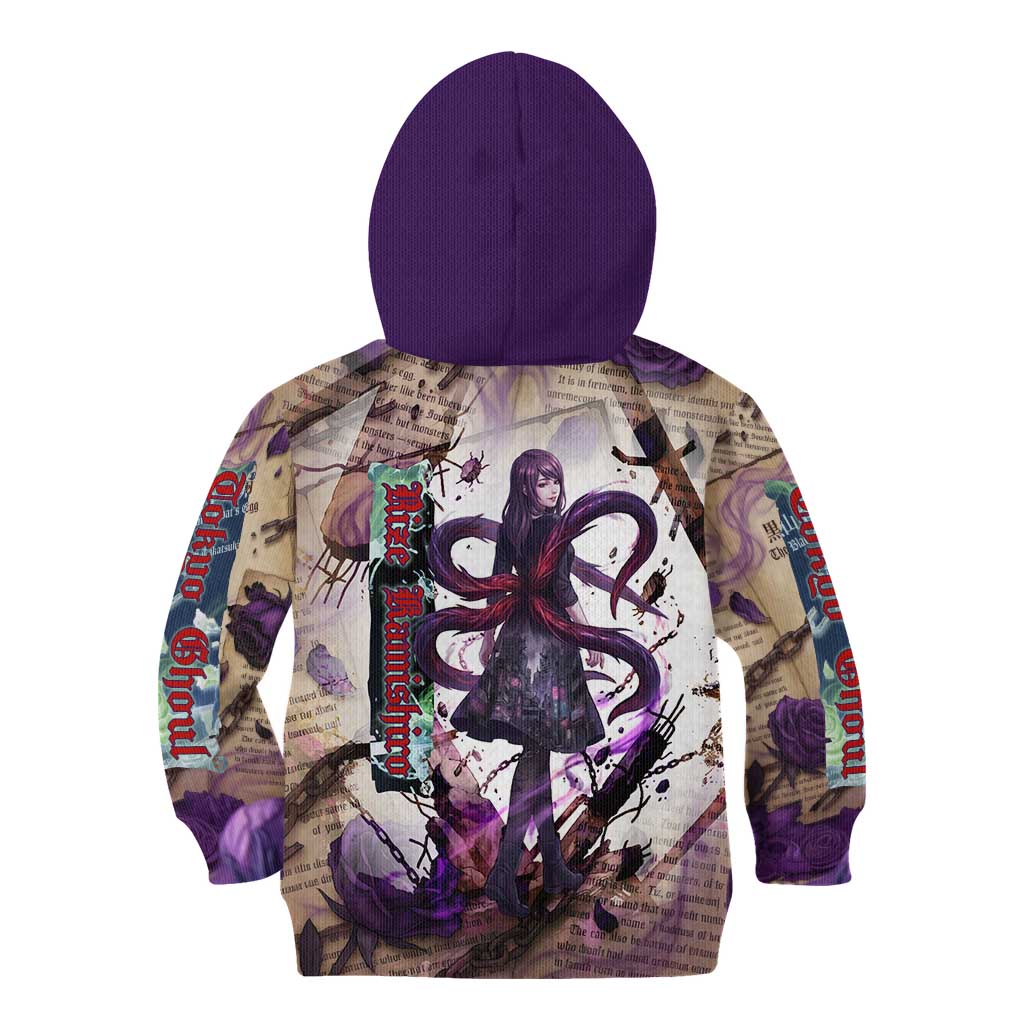 Rize Kamishiro Tokyo Ghoul Kid Hoodie Gothic Collage Style with Newspaper and Purple Rose Motif