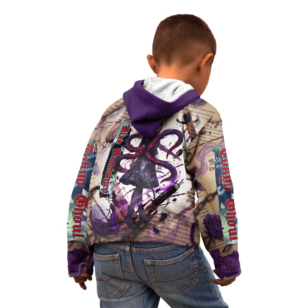 Rize Kamishiro Tokyo Ghoul Kid Hoodie Gothic Collage Style with Newspaper and Purple Rose Motif