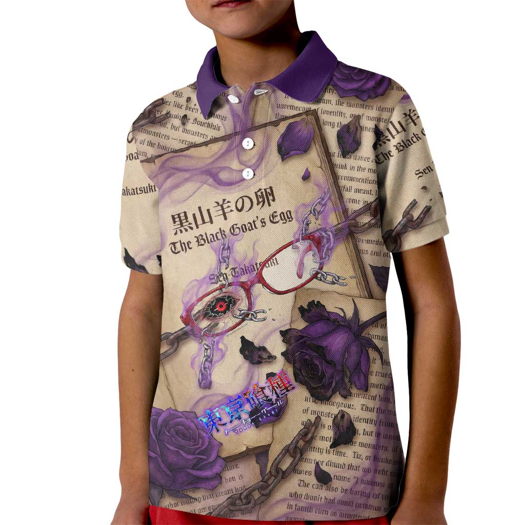 Rize Kamishiro Tokyo Ghoul Kid Polo Shirt Gothic Collage Style with Newspaper and Purple Rose Motif