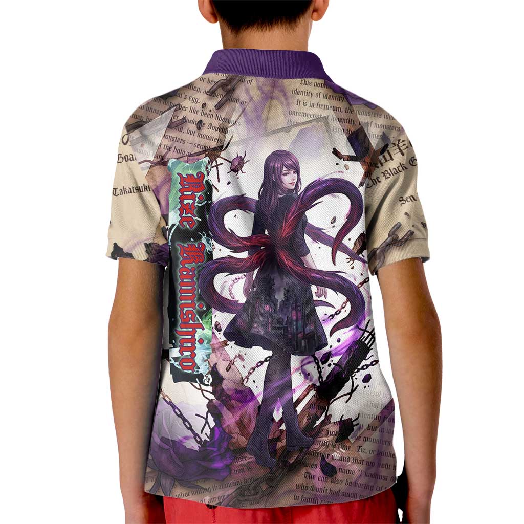 Rize Kamishiro Tokyo Ghoul Kid Polo Shirt Gothic Collage Style with Newspaper and Purple Rose Motif