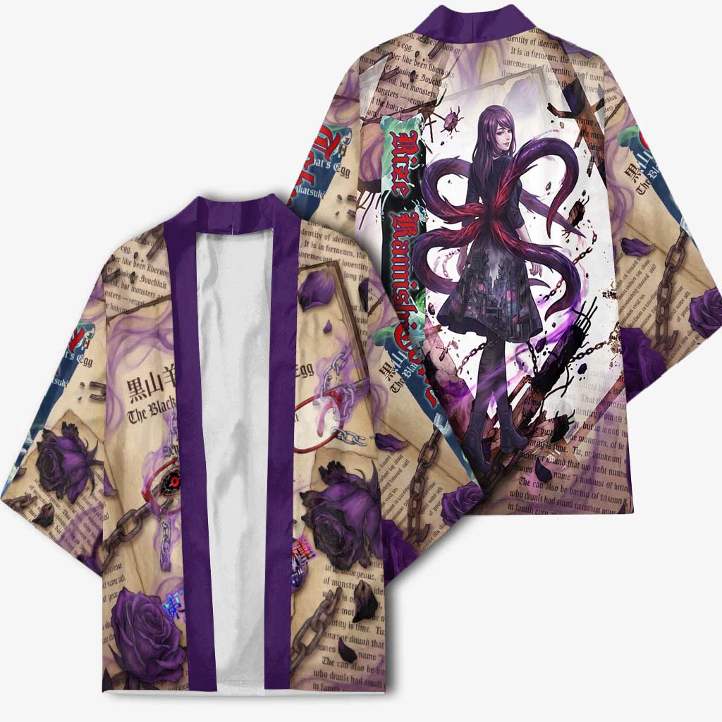 Rize Kamishiro Tokyo Ghoul Kimono Gothic Collage Style with Newspaper and Purple Rose Motif