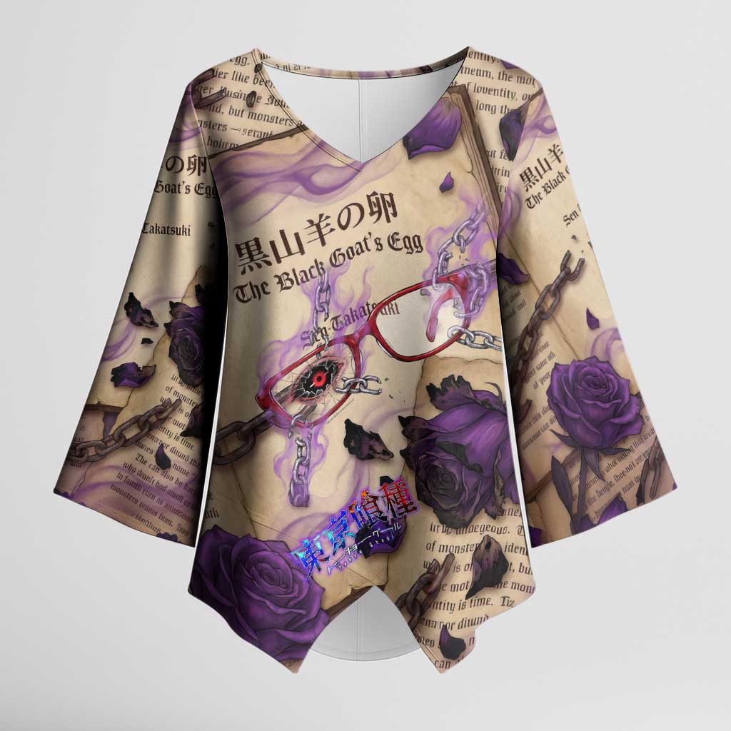 Rize Kamishiro Tokyo Ghoul Kimono Sleeve Blouse Gothic Collage Style with Newspaper and Purple Rose Motif