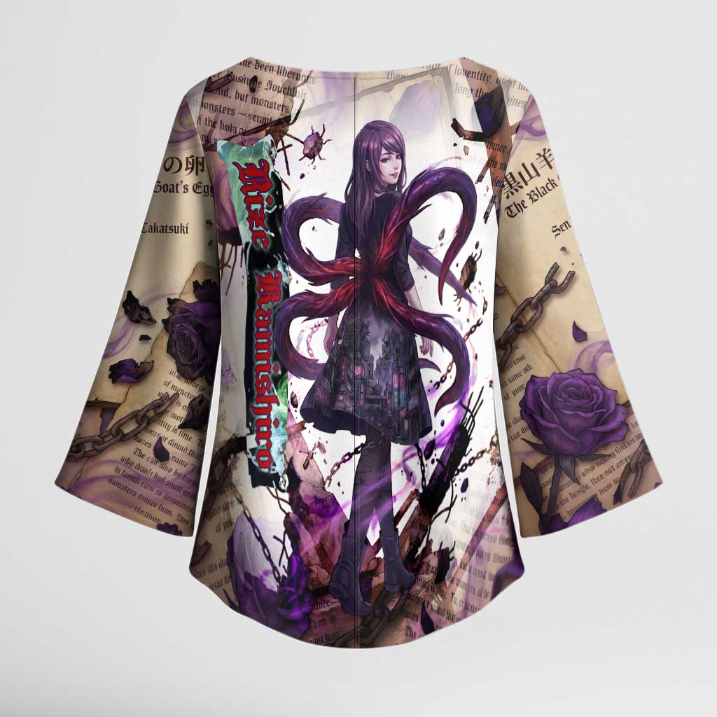 Rize Kamishiro Tokyo Ghoul Kimono Sleeve Blouse Gothic Collage Style with Newspaper and Purple Rose Motif