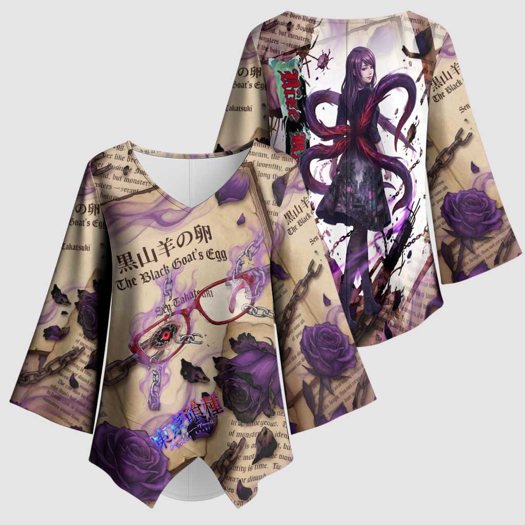 Rize Kamishiro Tokyo Ghoul Kimono Sleeve Blouse Gothic Collage Style with Newspaper and Purple Rose Motif