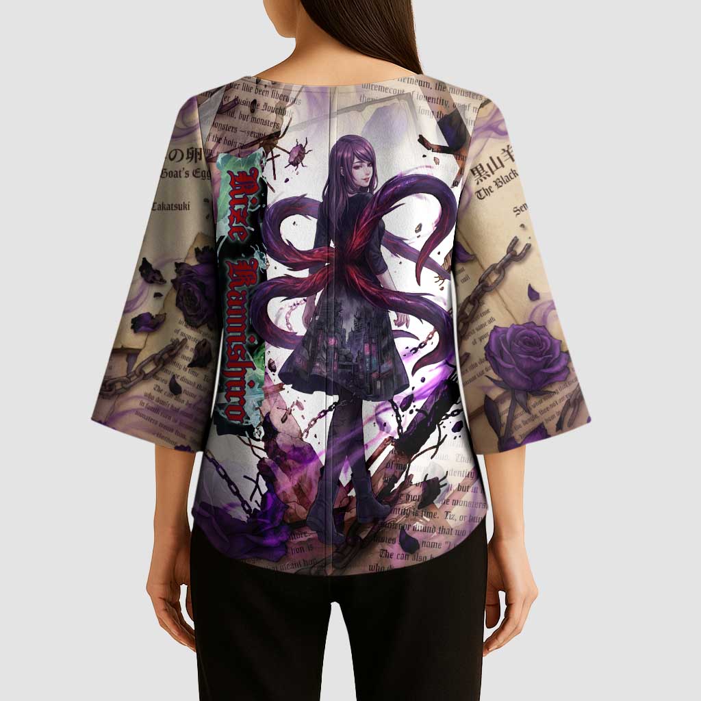 Rize Kamishiro Tokyo Ghoul Kimono Sleeve Blouse Gothic Collage Style with Newspaper and Purple Rose Motif