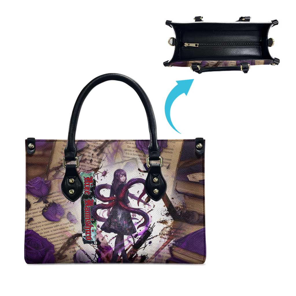 Rize Kamishiro Tokyo Ghoul Leather Bag Gothic Collage Style with Newspaper and Purple Rose Motif