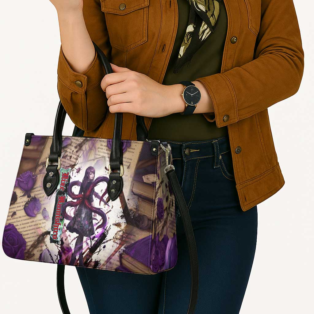 Rize Kamishiro Tokyo Ghoul Leather Bag Gothic Collage Style with Newspaper and Purple Rose Motif