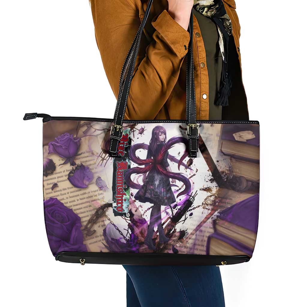 Rize Kamishiro Tokyo Ghoul Leather Tote Bag Gothic Collage Style with Newspaper and Purple Rose Motif