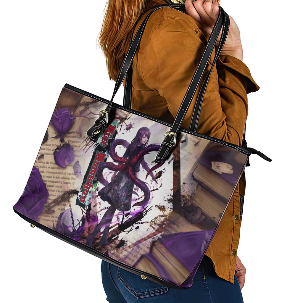 Rize Kamishiro Tokyo Ghoul Leather Tote Bag Gothic Collage Style with Newspaper and Purple Rose Motif