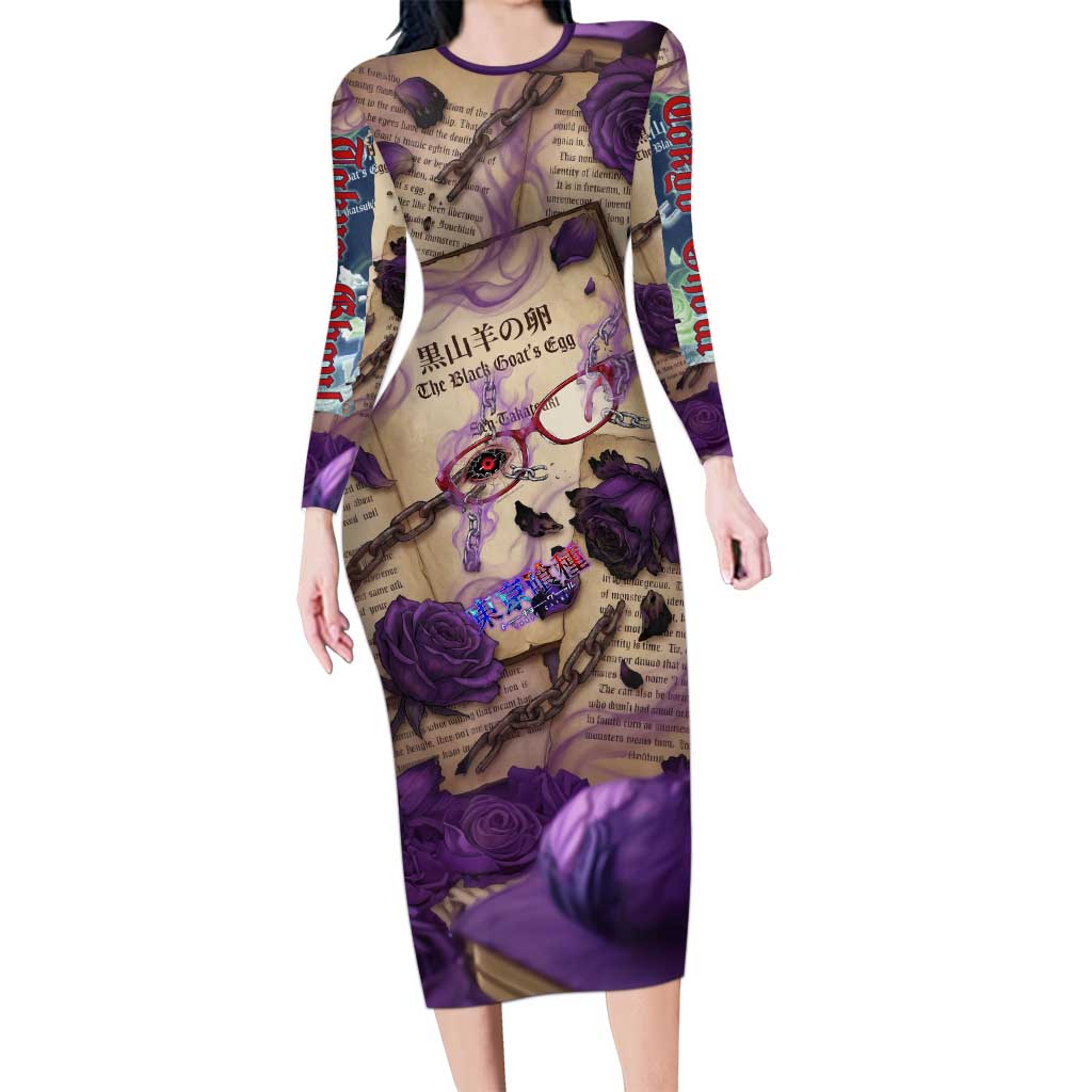 Rize Kamishiro Tokyo Ghoul Long Sleeve Bodycon Dress Gothic Collage Style with Newspaper and Purple Rose Motif