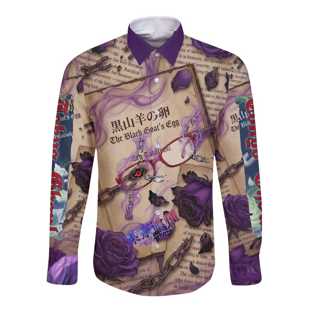 Rize Kamishiro Tokyo Ghoul Long Sleeve Button Shirt Gothic Collage Style with Newspaper and Purple Rose Motif