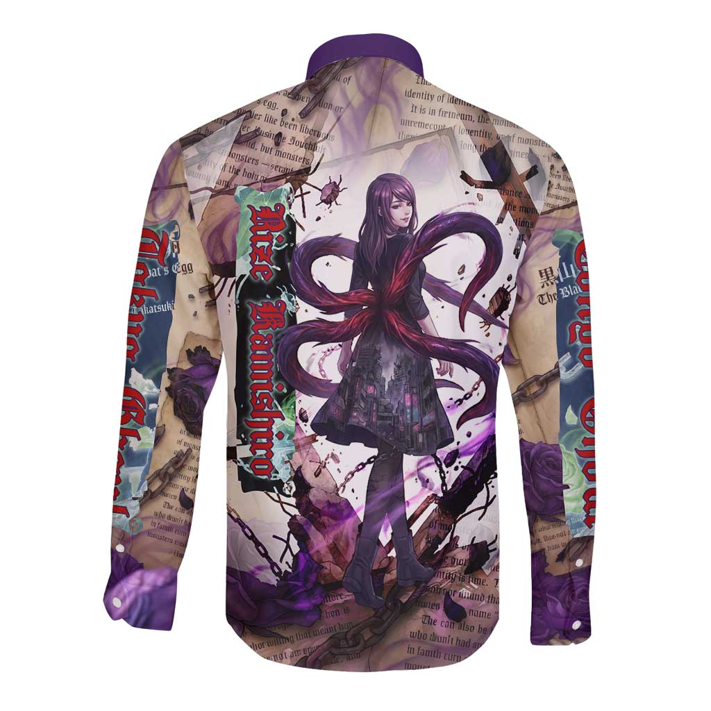 Rize Kamishiro Tokyo Ghoul Long Sleeve Button Shirt Gothic Collage Style with Newspaper and Purple Rose Motif