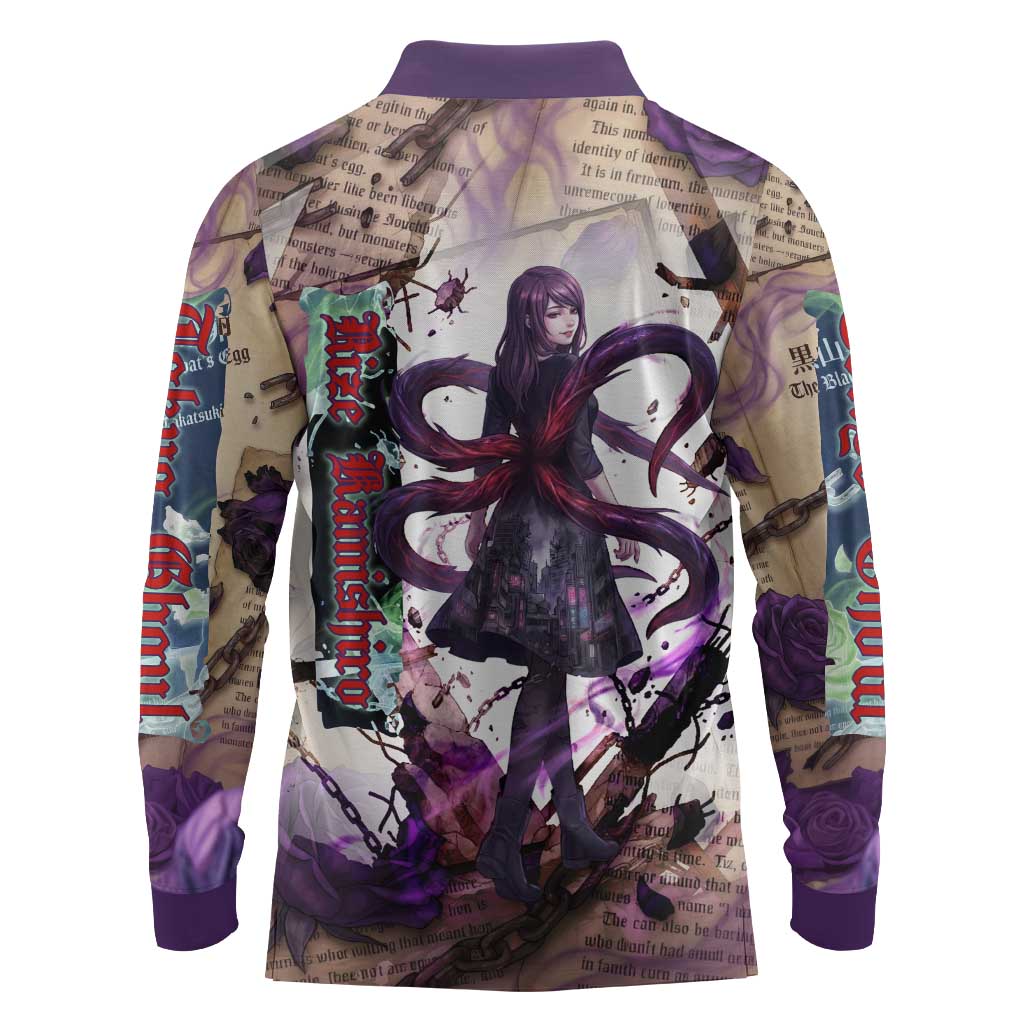 Rize Kamishiro Tokyo Ghoul Long Sleeve Polo Shirt Gothic Collage Style with Newspaper and Purple Rose Motif