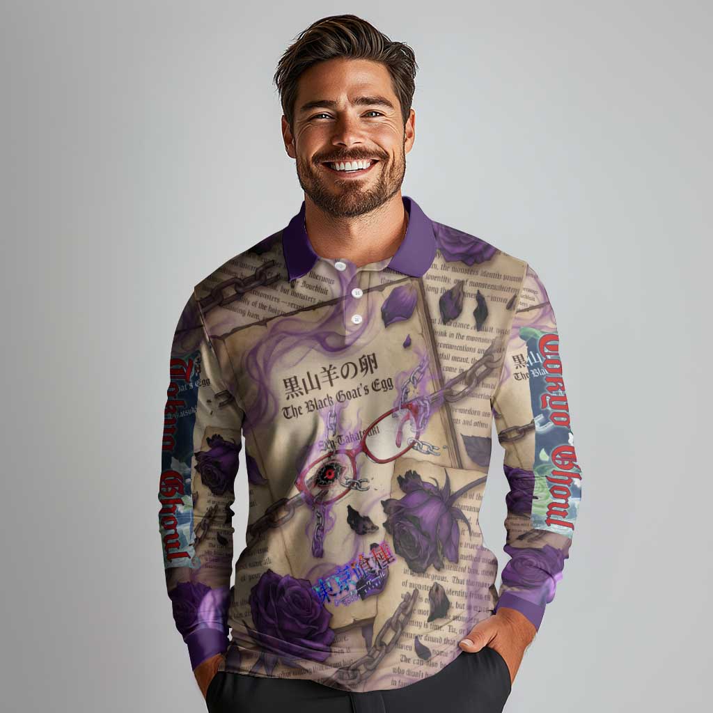 Rize Kamishiro Tokyo Ghoul Long Sleeve Polo Shirt Gothic Collage Style with Newspaper and Purple Rose Motif