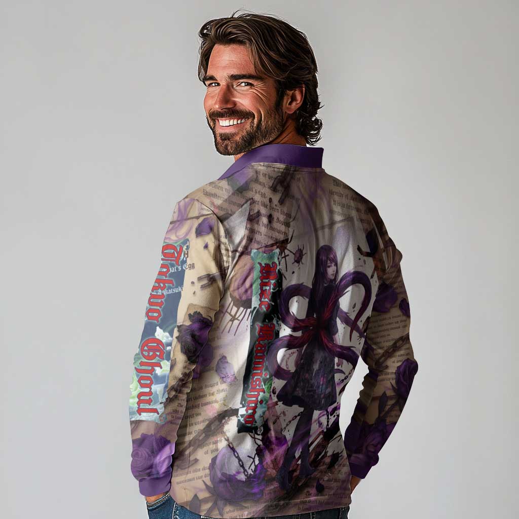 Rize Kamishiro Tokyo Ghoul Long Sleeve Polo Shirt Gothic Collage Style with Newspaper and Purple Rose Motif