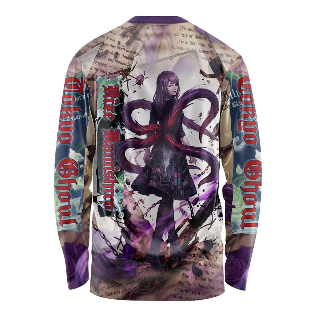 Rize Kamishiro Tokyo Ghoul Long Sleeve Shirt Gothic Collage Style with Newspaper and Purple Rose Motif