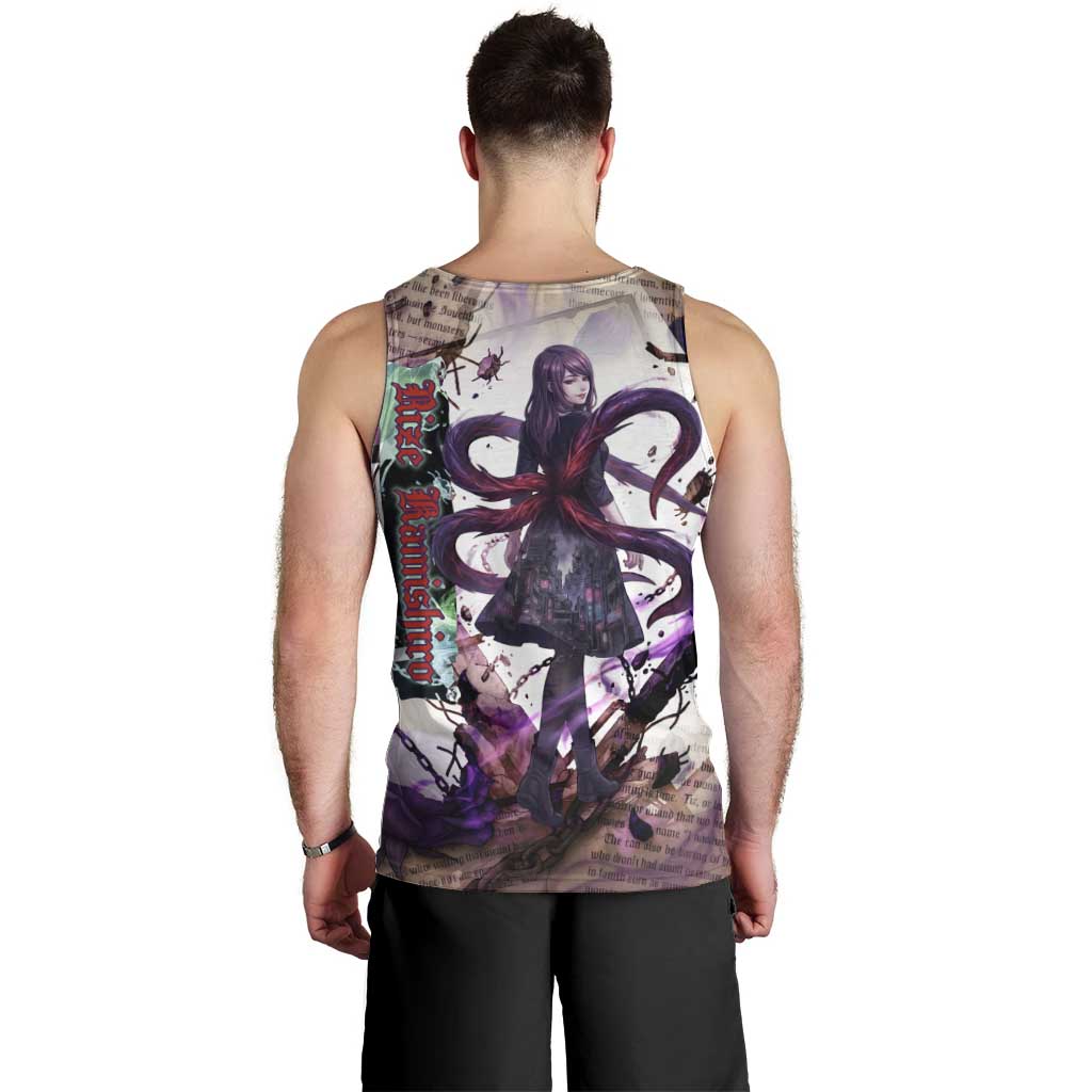 Rize Kamishiro Tokyo Ghoul Men Tank Top Gothic Collage Style with Newspaper and Purple Rose Motif