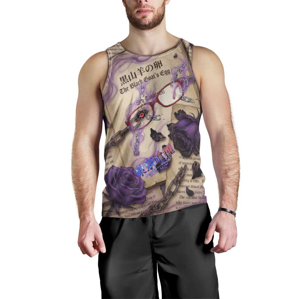 Rize Kamishiro Tokyo Ghoul Men Tank Top Gothic Collage Style with Newspaper and Purple Rose Motif