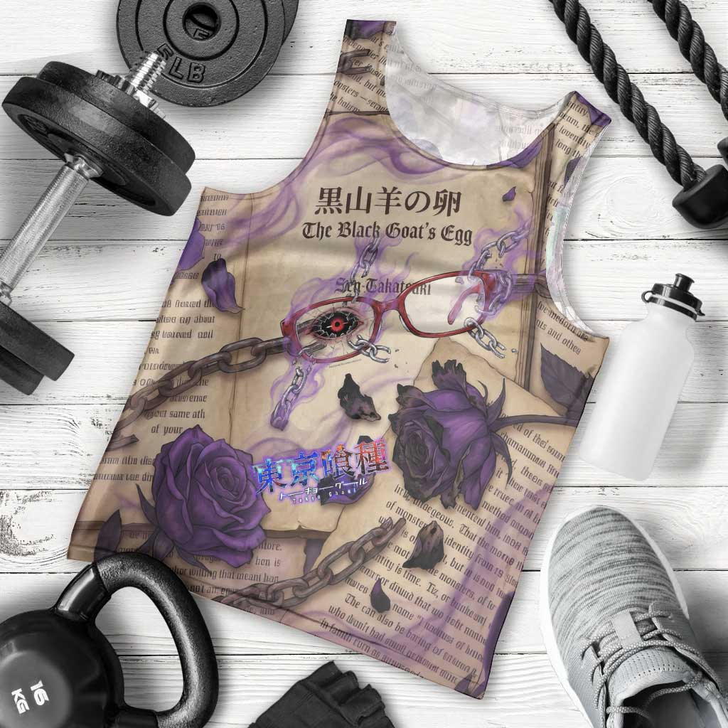Rize Kamishiro Tokyo Ghoul Men Tank Top Gothic Collage Style with Newspaper and Purple Rose Motif