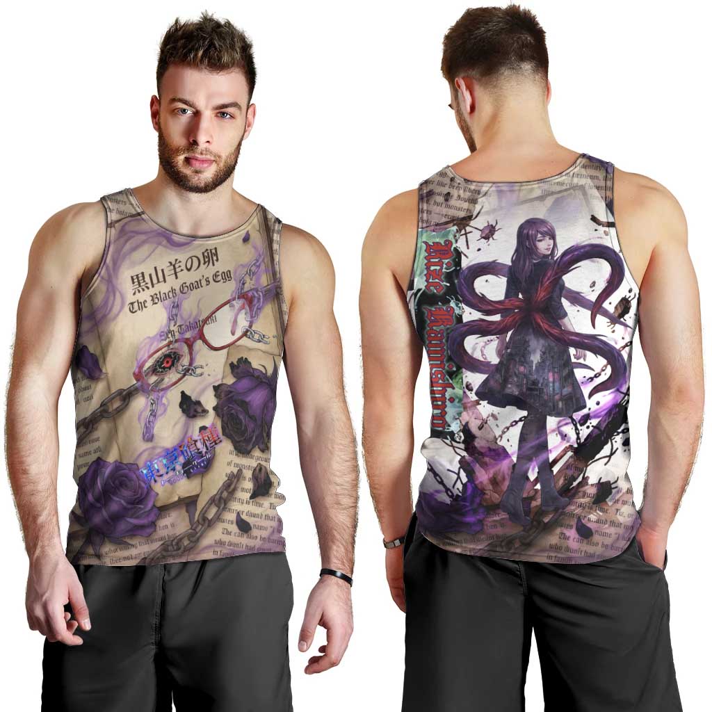 Rize Kamishiro Tokyo Ghoul Men Tank Top Gothic Collage Style with Newspaper and Purple Rose Motif