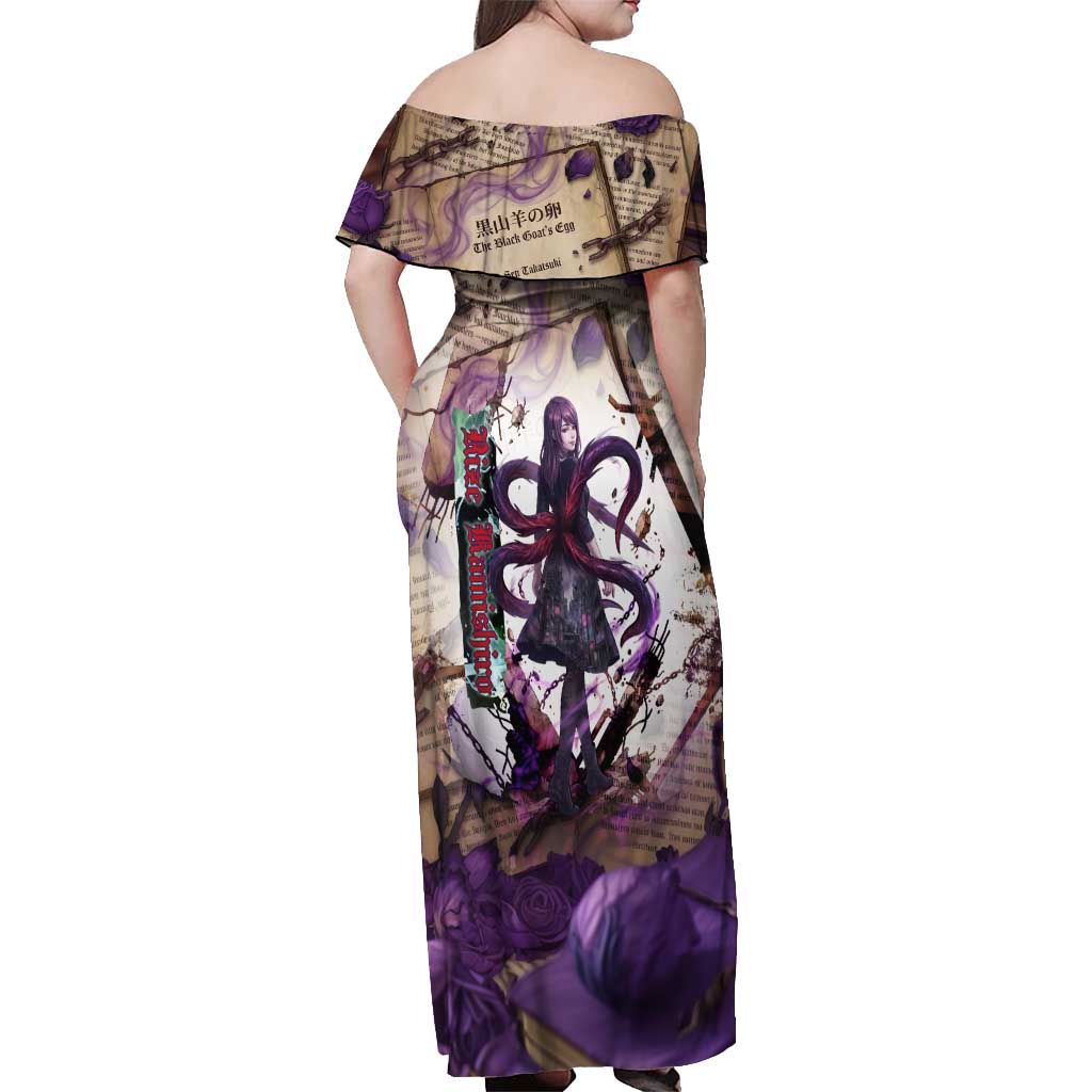 Rize Kamishiro Tokyo Ghoul Off Shoulder Maxi Dress Gothic Collage Style with Newspaper and Purple Rose Motif