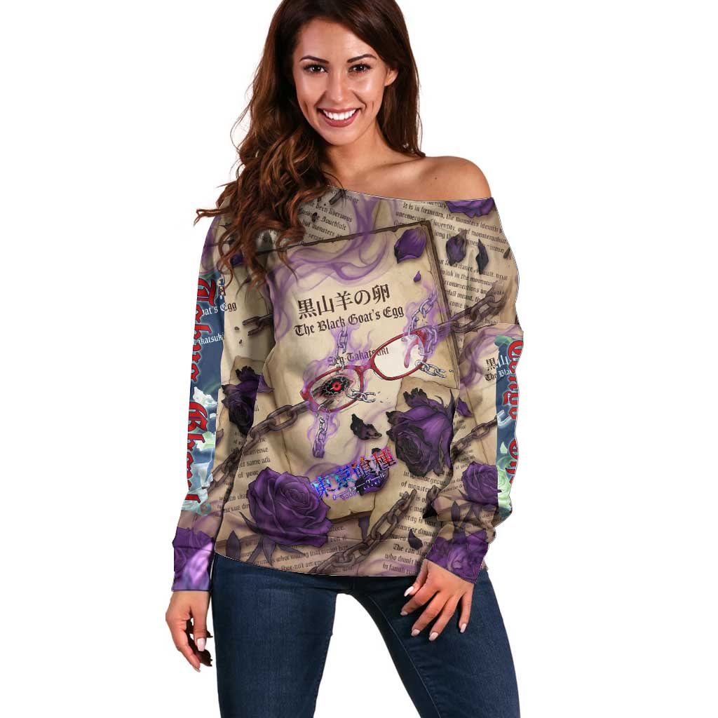 Rize Kamishiro Tokyo Ghoul Off Shoulder Sweater Gothic Collage Style with Newspaper and Purple Rose Motif