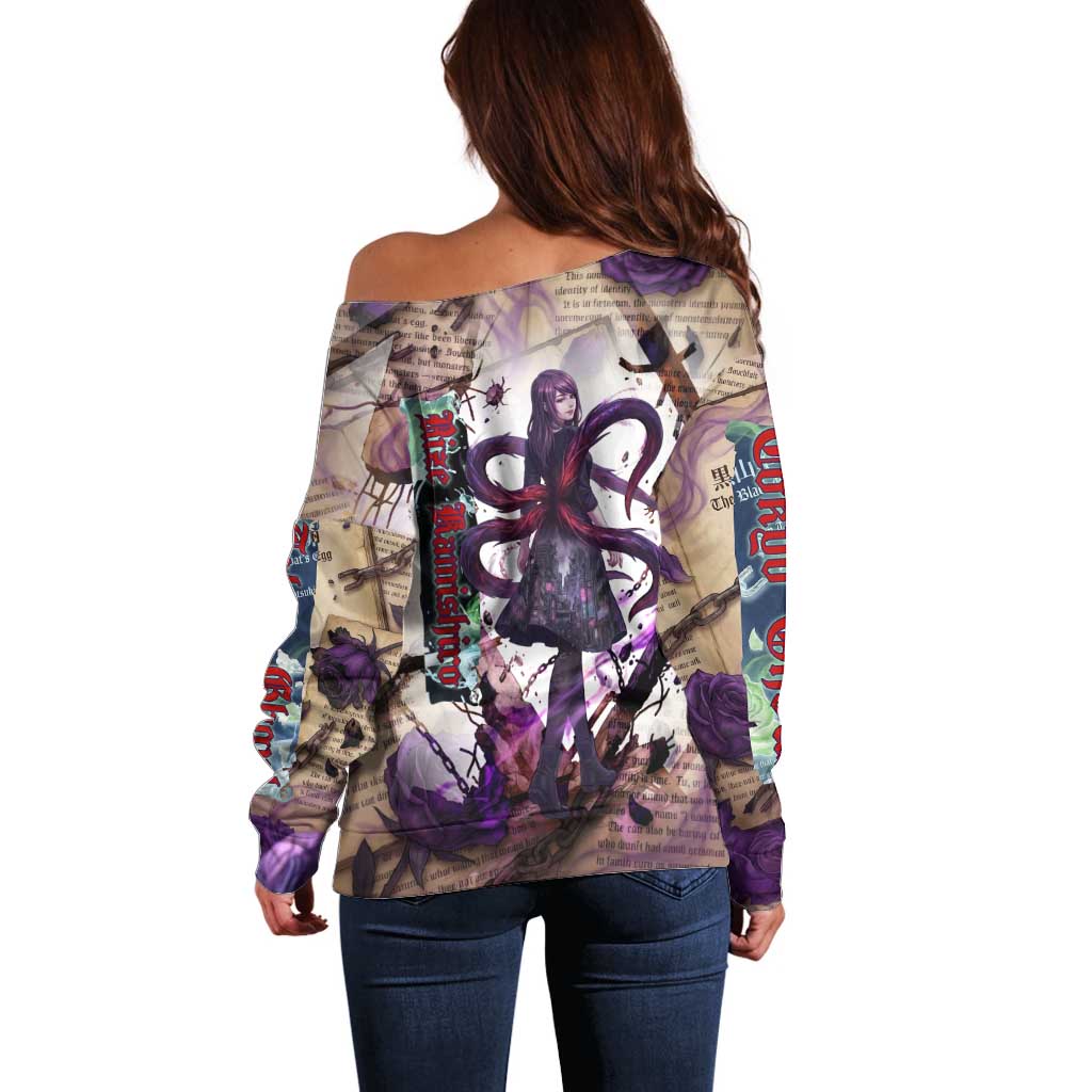 Rize Kamishiro Tokyo Ghoul Off Shoulder Sweater Gothic Collage Style with Newspaper and Purple Rose Motif