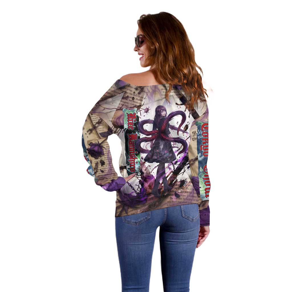Rize Kamishiro Tokyo Ghoul Off Shoulder Sweater Gothic Collage Style with Newspaper and Purple Rose Motif