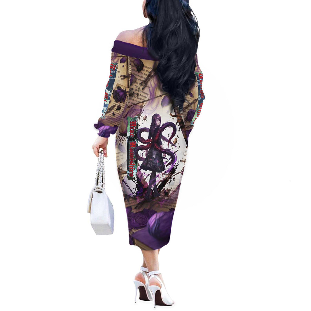 Rize Kamishiro Tokyo Ghoul Off The Shoulder Long Sleeve Dress Gothic Collage Style with Newspaper and Purple Rose Motif